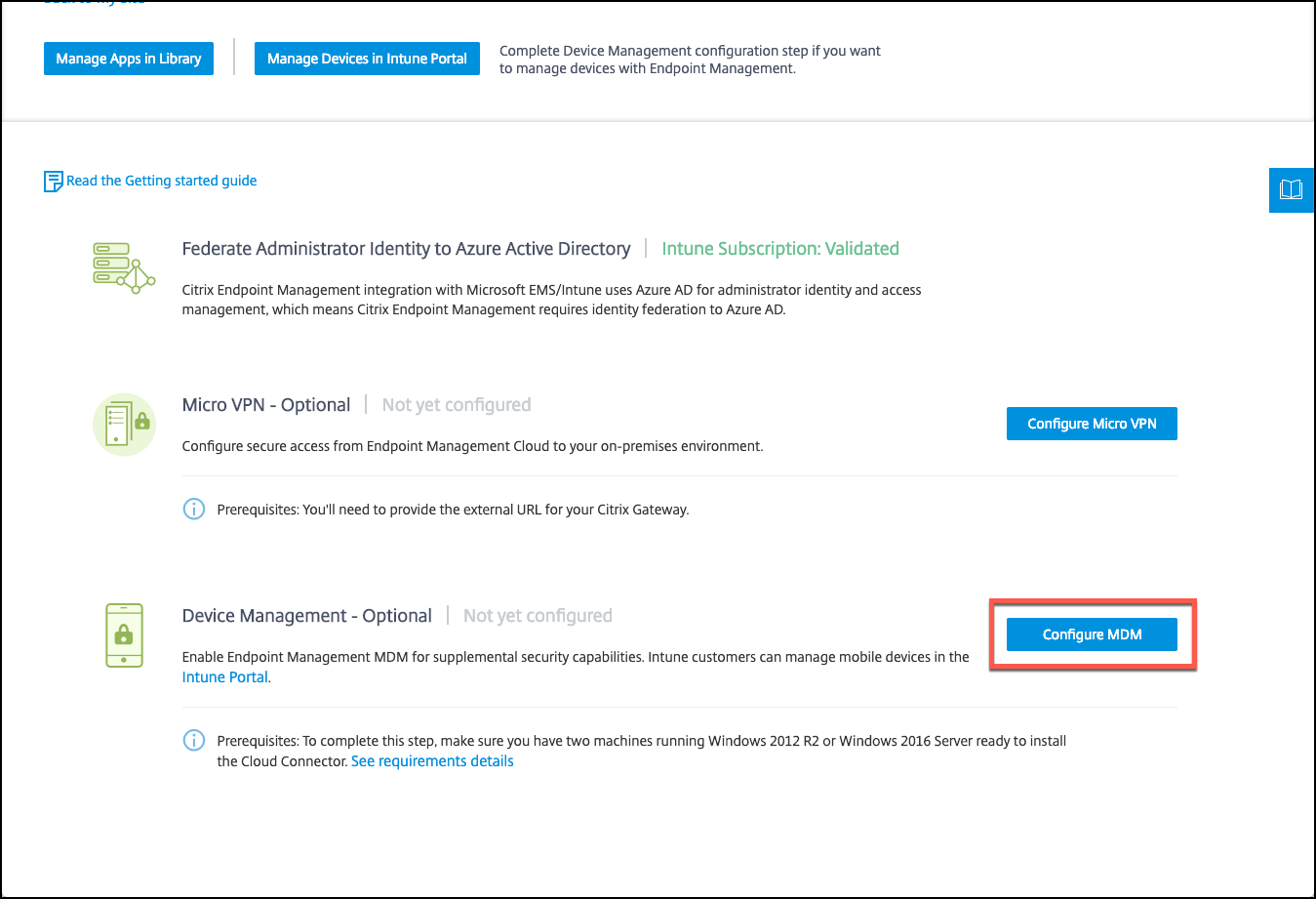 Écran Configure MDM