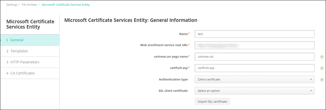 Certificates configuration screen