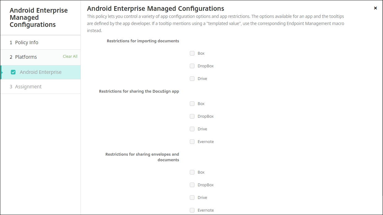 Écran de configuration Stratégies d’appareil