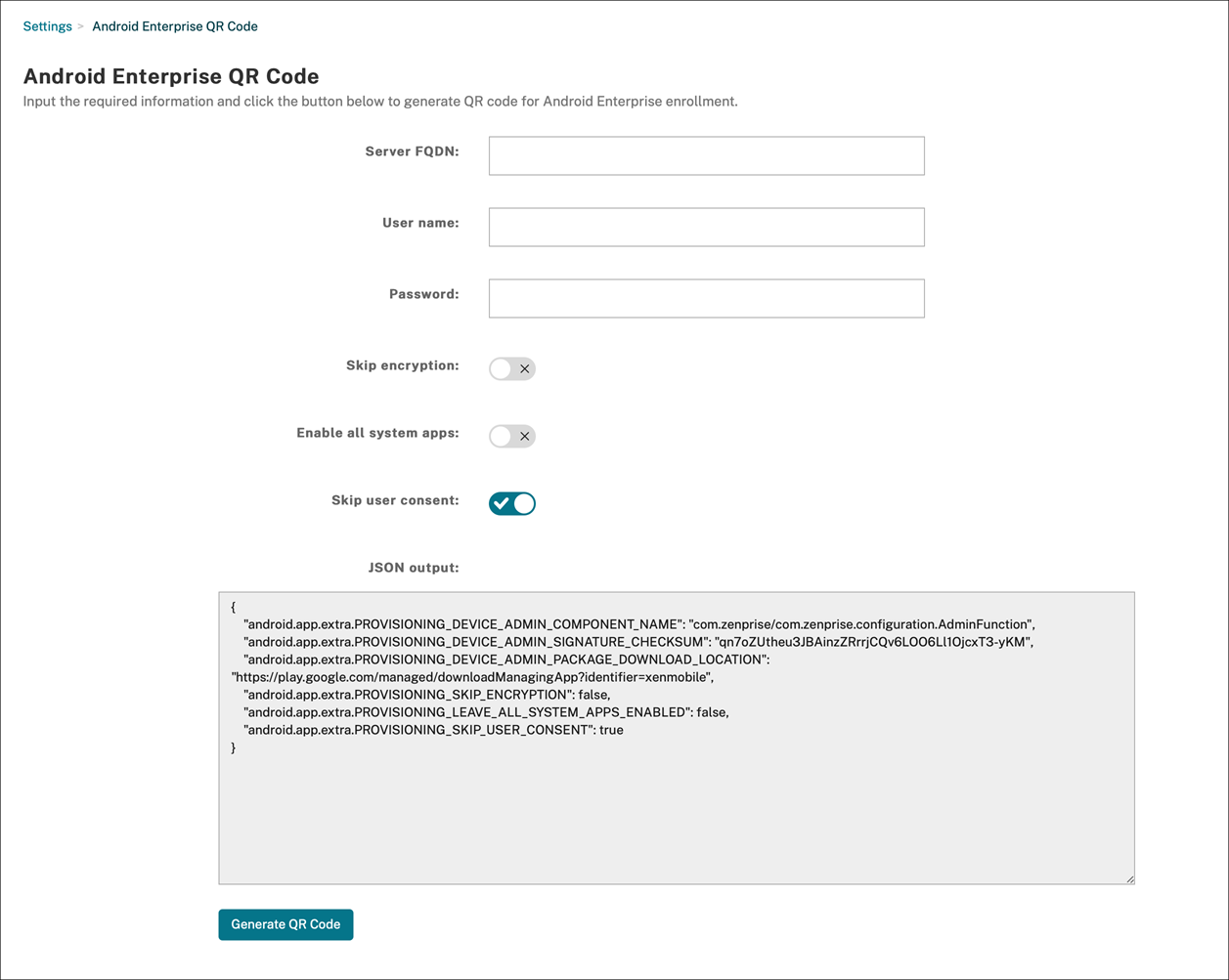 Android Enterprise QR 代码生成器