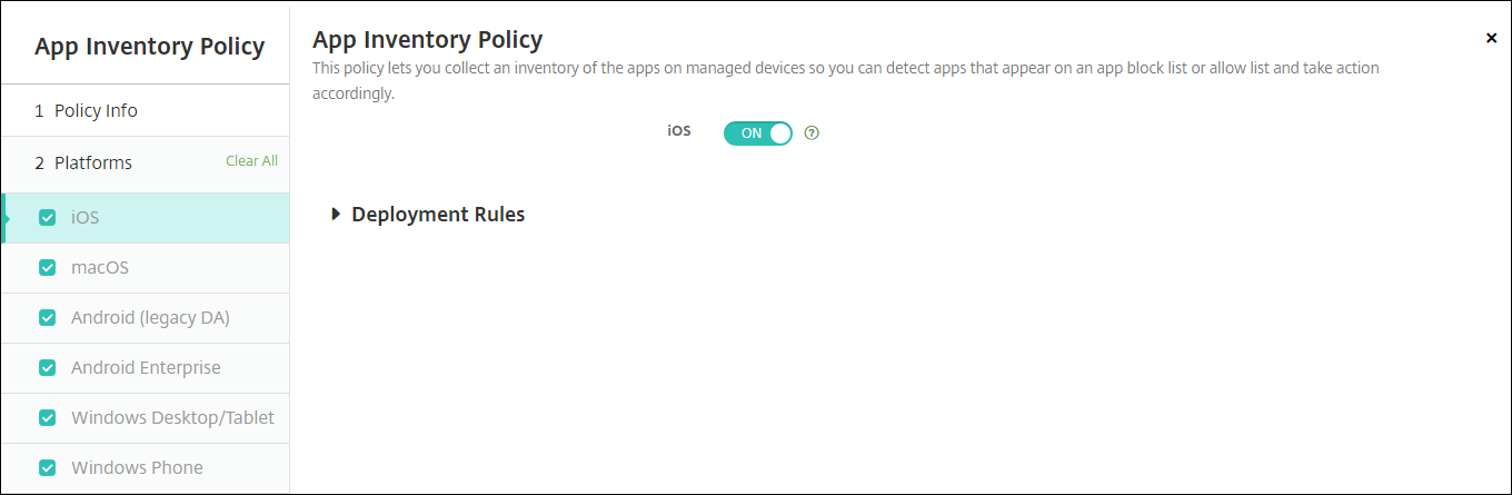 Écran de configuration Stratégies d'appareil