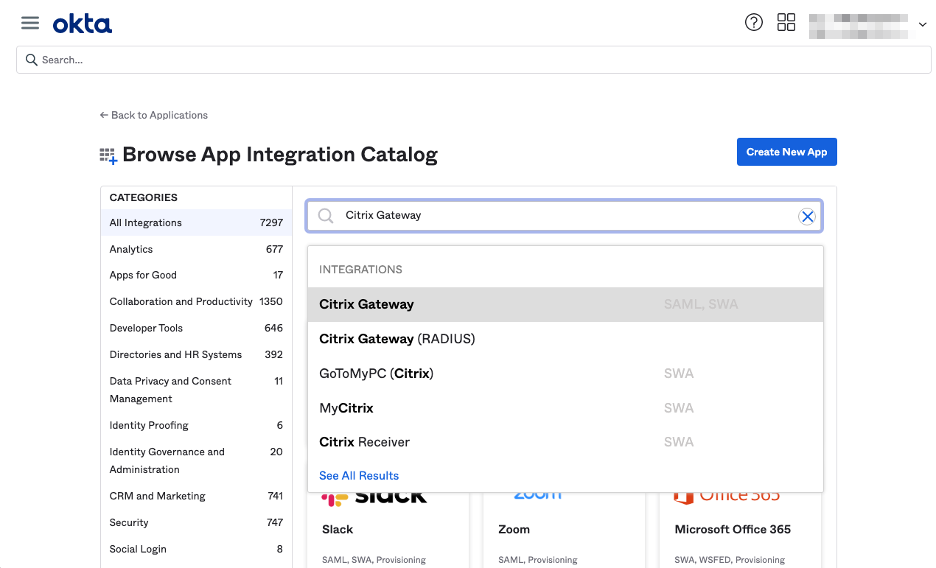 Search NetScaler Gateway in Browse App Integration Catalog
