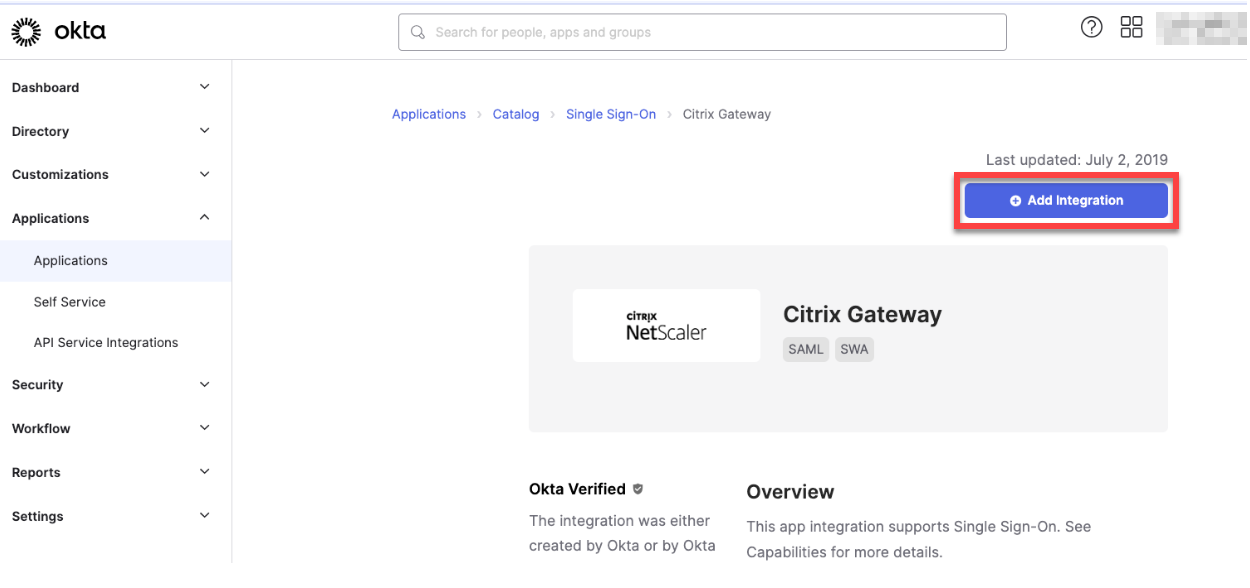 Citrix Gatewayの［Add Integration］