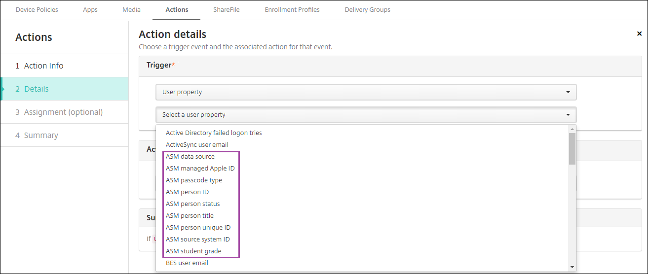 Écran de configuration Actions