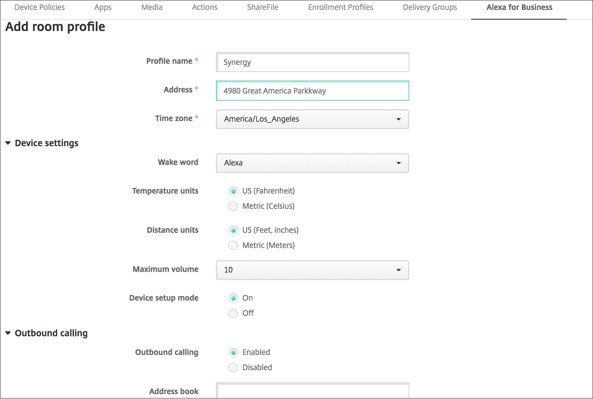 Endpoint Management console entering Alexa for Business room profiles settings