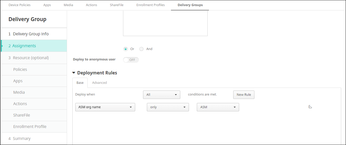 Delivery Groups configuration screen