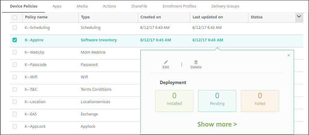 Pantalla de configuración Directivas de dispositivo