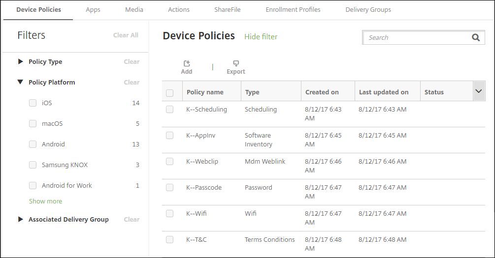 Pantalla de configuración Directivas de dispositivo