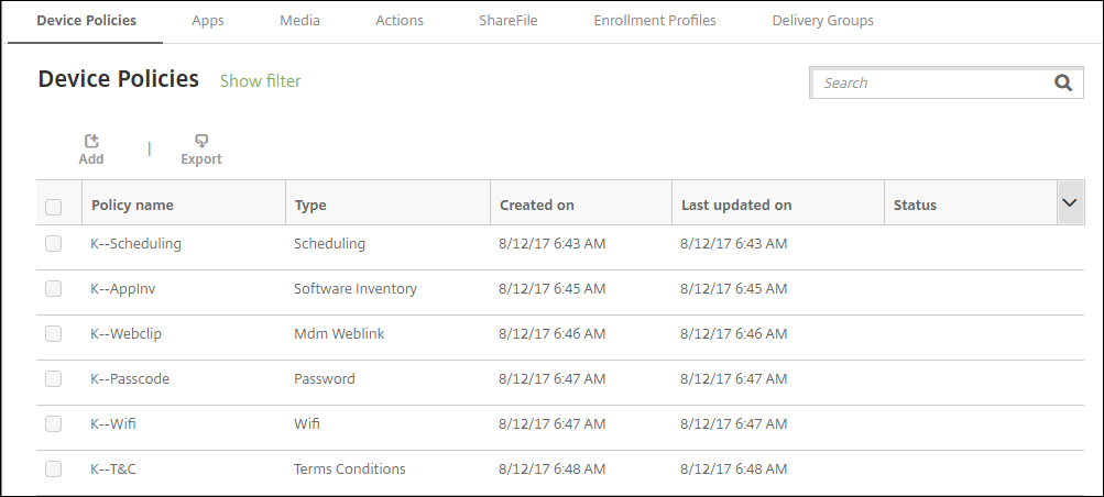 Écran de configuration Stratégies d’appareil