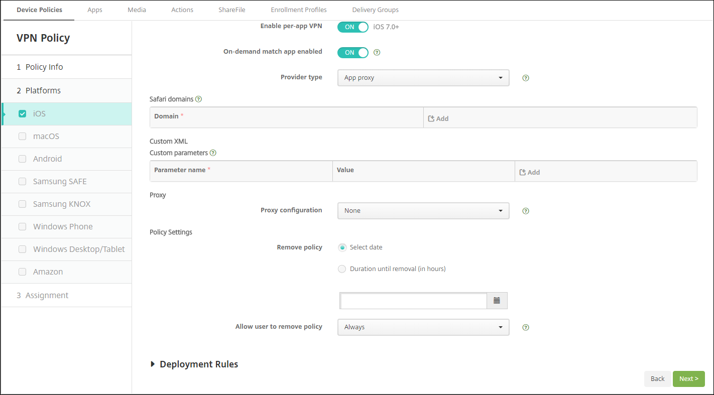 Pantalla de configuración Directivas de dispositivo