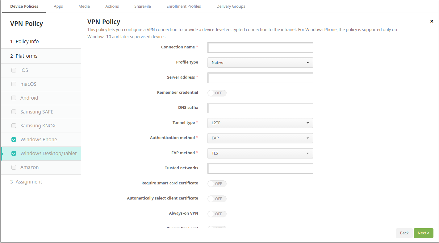 Device Policies configuration screen