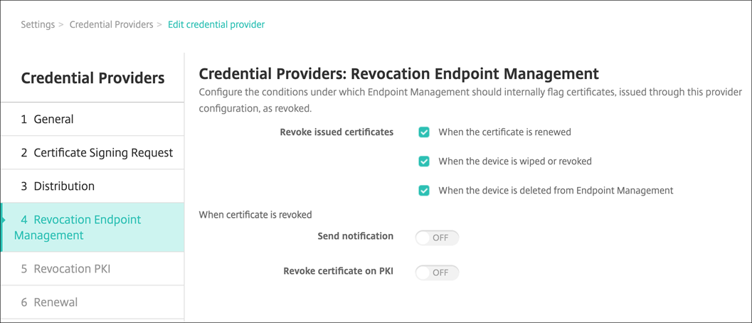 Credential provider revocation page