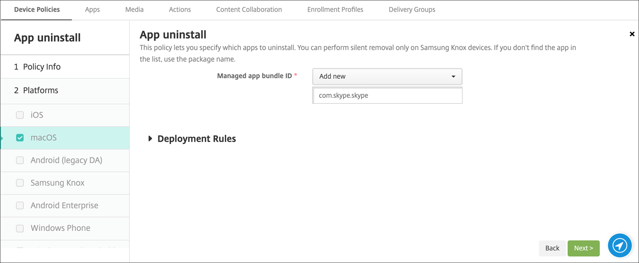 Écran de configuration Stratégies d'appareil