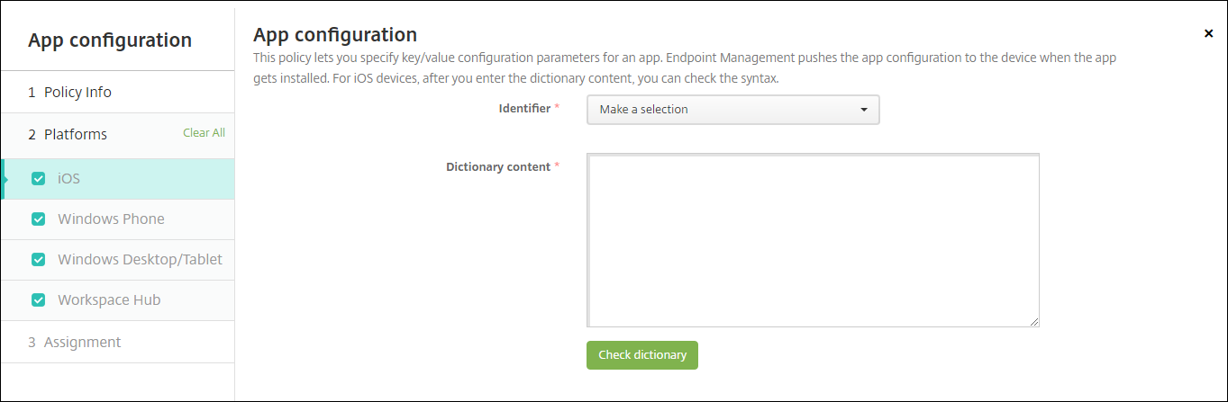 Écran de configuration Stratégies d’appareil