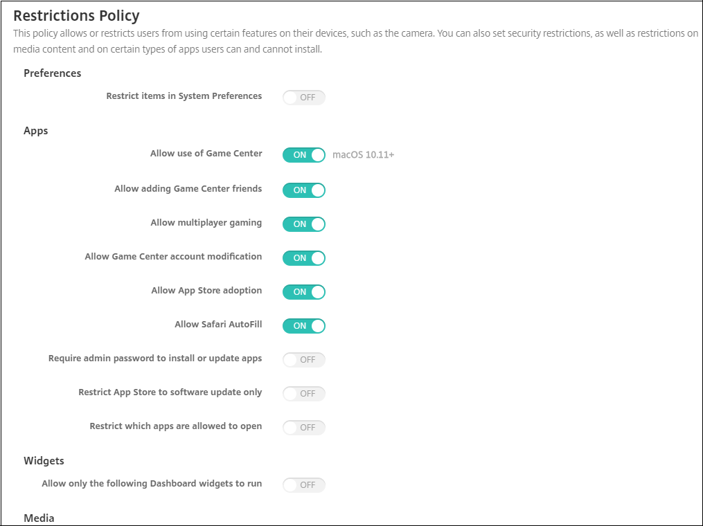 Device Policies configuration screen