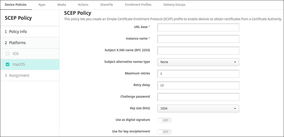 Device Policies configuration screen