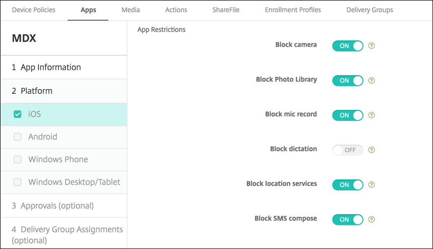 Apps configuration screen