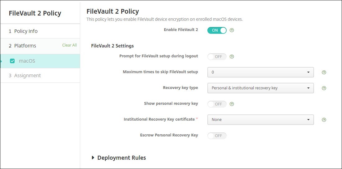 Device policies configuration screen