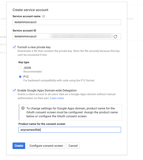 The Create service account options