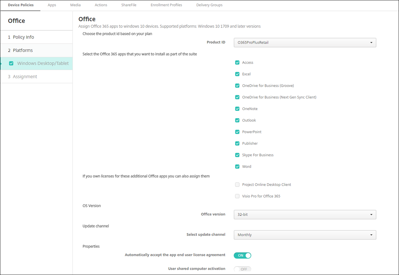 Pantalla de configuración Directivas de dispositivo