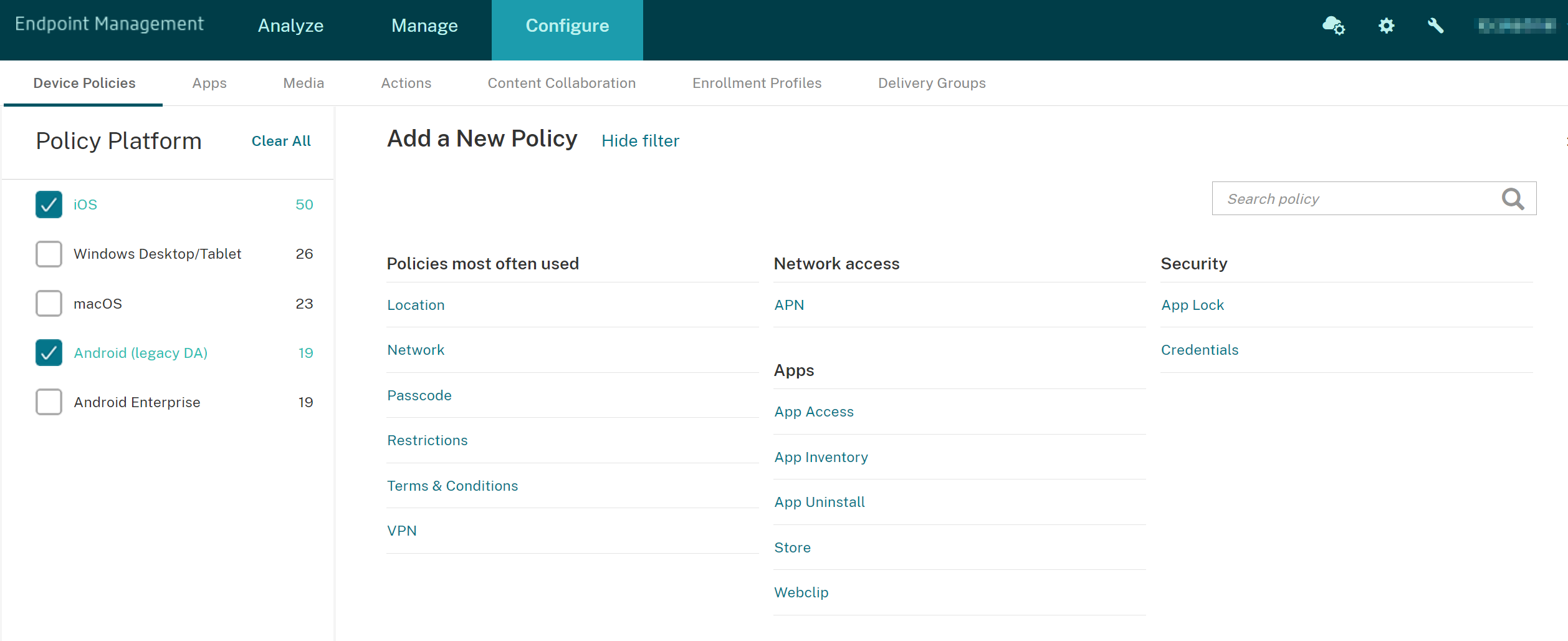Device Policies configuration screen filtered