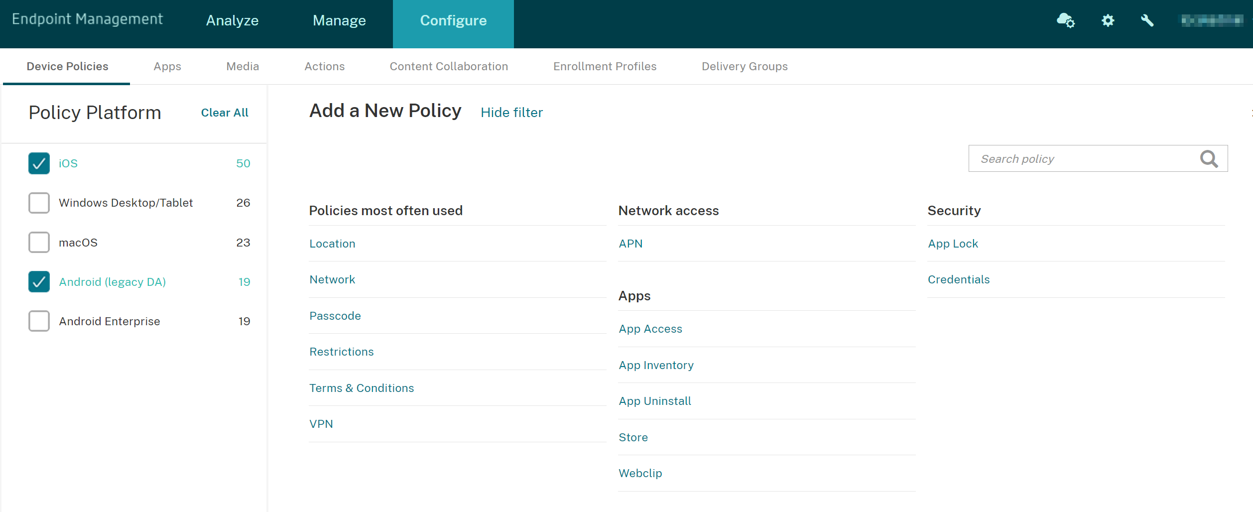 Pantalla de configuración Directivas de dispositivo filtrada