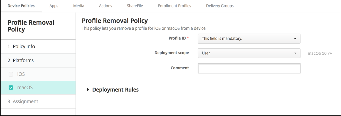 Écran de configuration Stratégies d’appareil