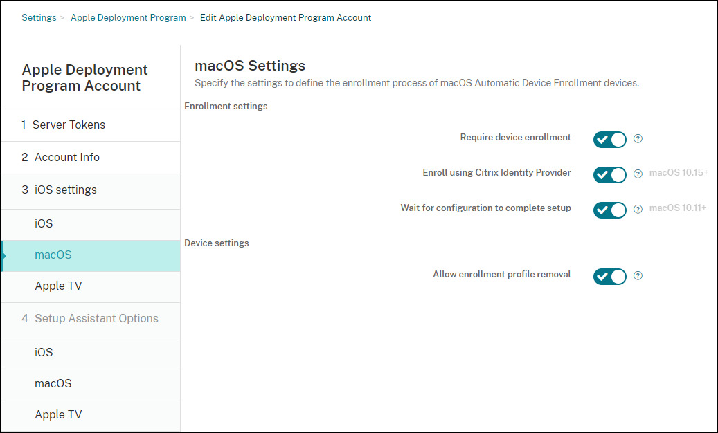 Apple Deployment Program Account settings screen