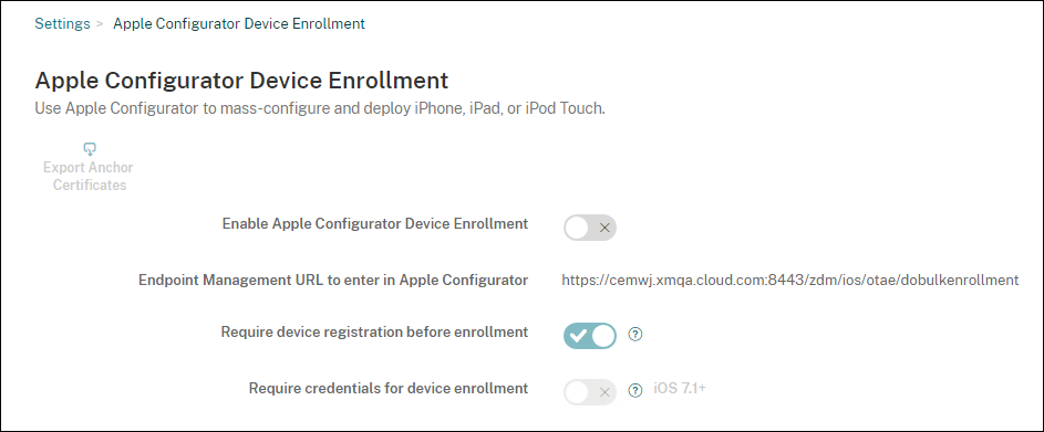 Apple deployment program settings screen