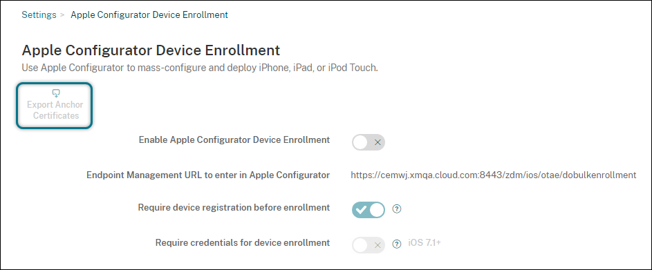 Apple deployment program settings screen