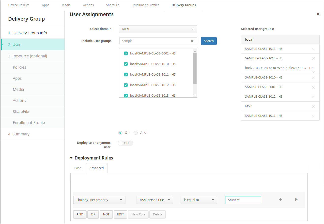 Pantalla de configuración de grupos de entrega