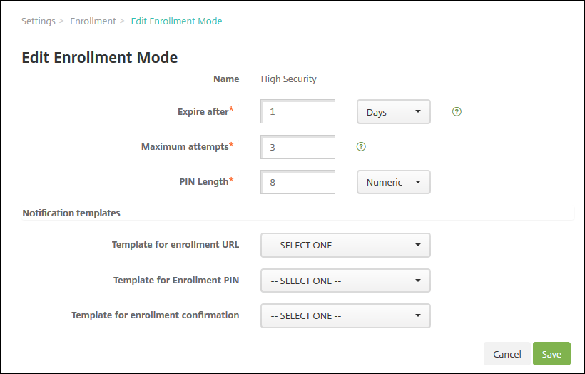 Edit enrollment security mode