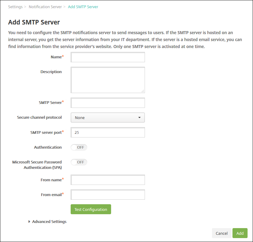 Hinzufügen eines Benachrichtigungsservers für SMTP