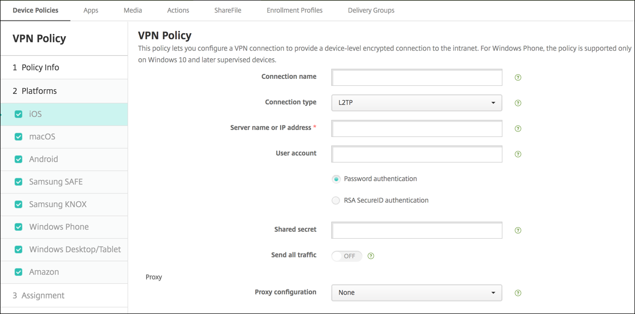 Écran de configuration Stratégies d’appareil