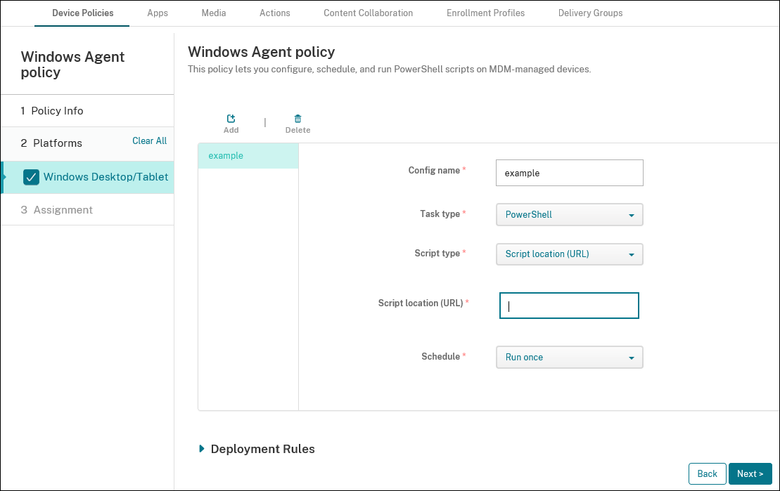 Device Policies configuration screen