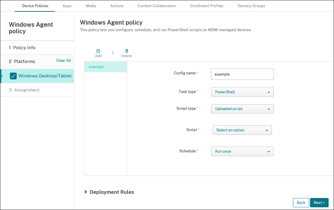 Device Policies configuration screen