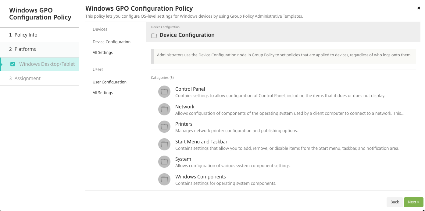 Écran de configuration Stratégies d'appareil