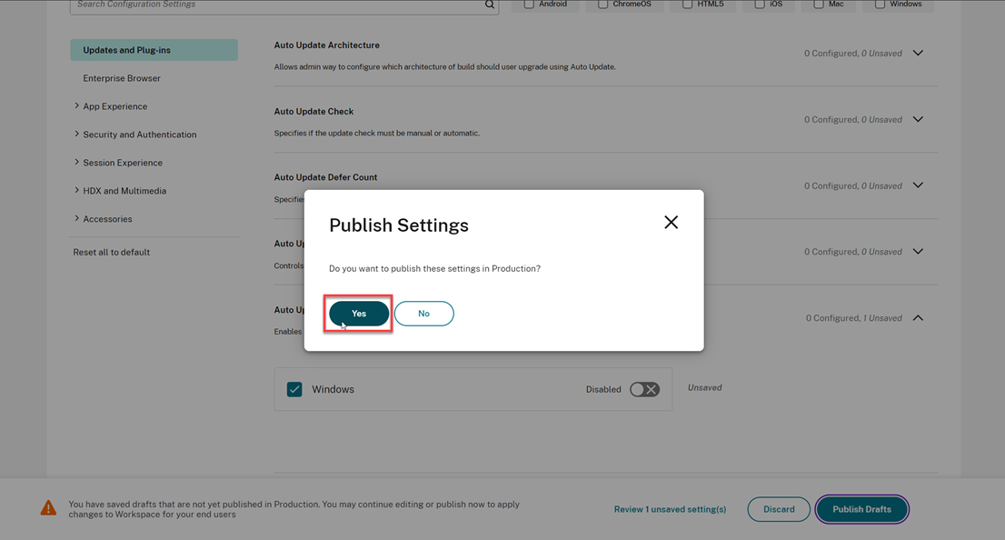 Publish settings in GACS