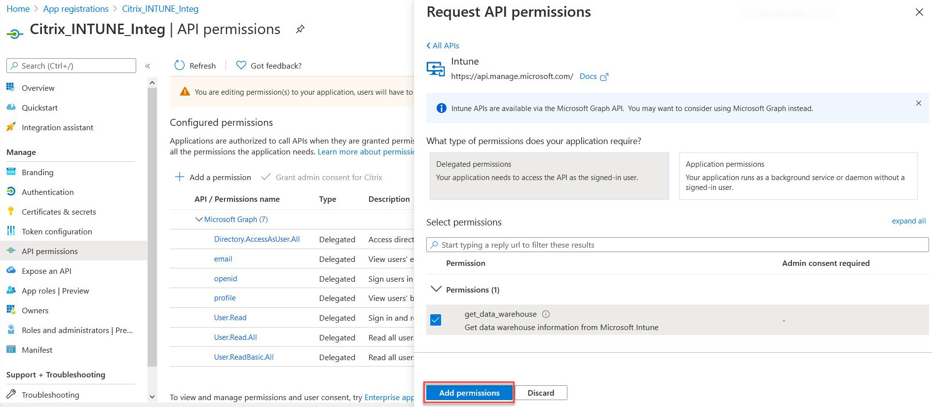 El permiso de API obtiene almacén