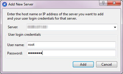 The Add A New Server wizard. The fields are Server, Username, and Password.