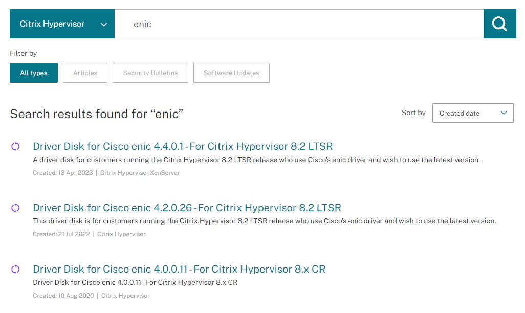 Beispiel für Suchergebnisse für den ENIC-Treiber auf der Website support.citrix.com