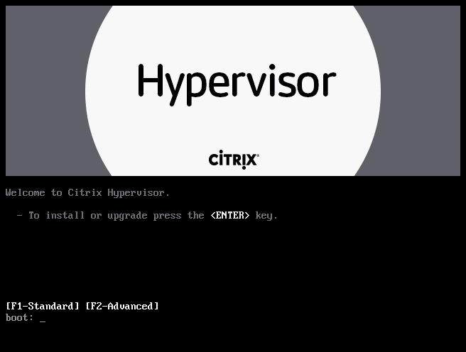 Écran d'accueil de Citrix Hypervisor. Une image de logo, le texte « Bienvenue dans Citrix Hypervisor » et une invite de démarrage.