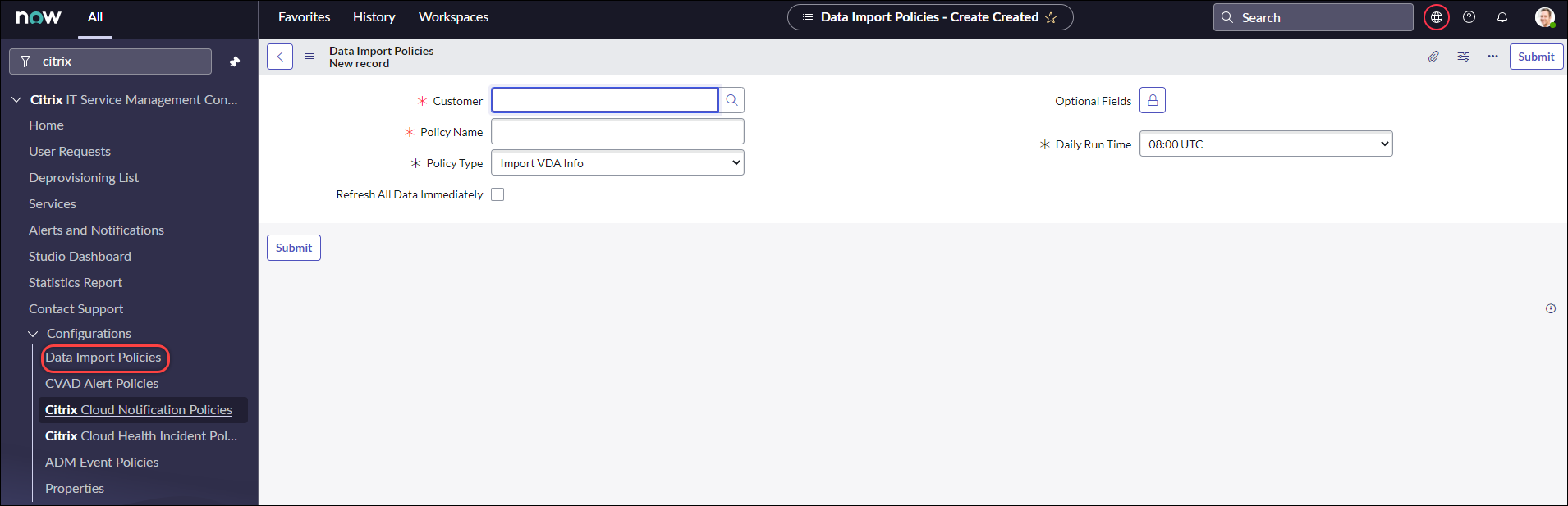 Create a data import policy