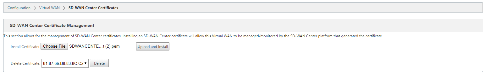 上载并安装 SD-WAN Center 证书