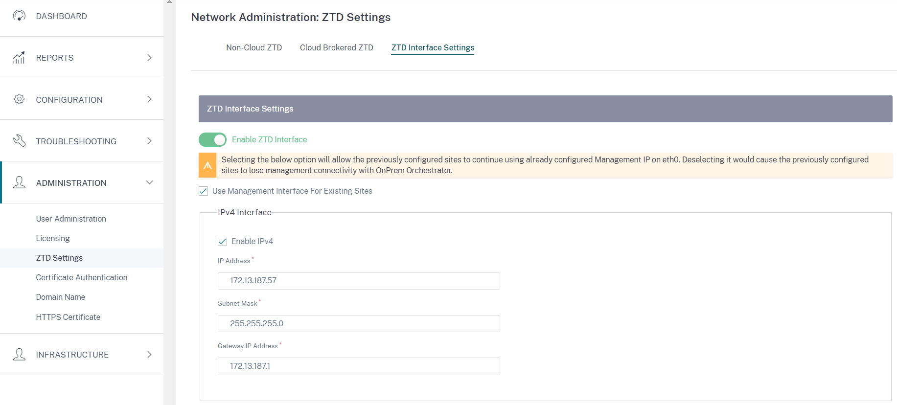 ZTD interface settings