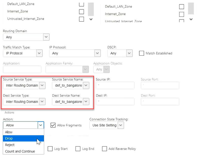 Configure policies using inter-routing domain service