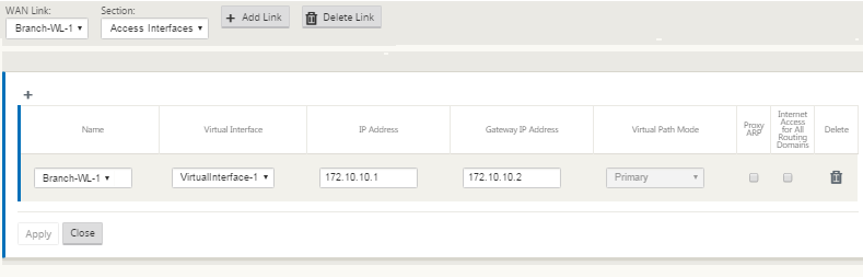 WAN link access interface added for a branch site
