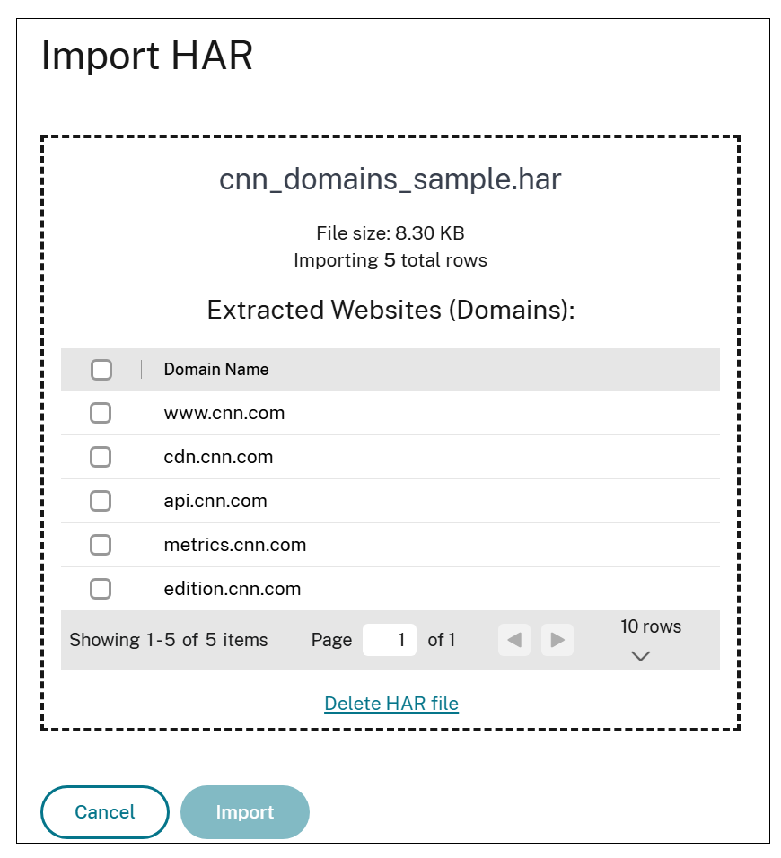 Domains discovered from the imported HAR file
