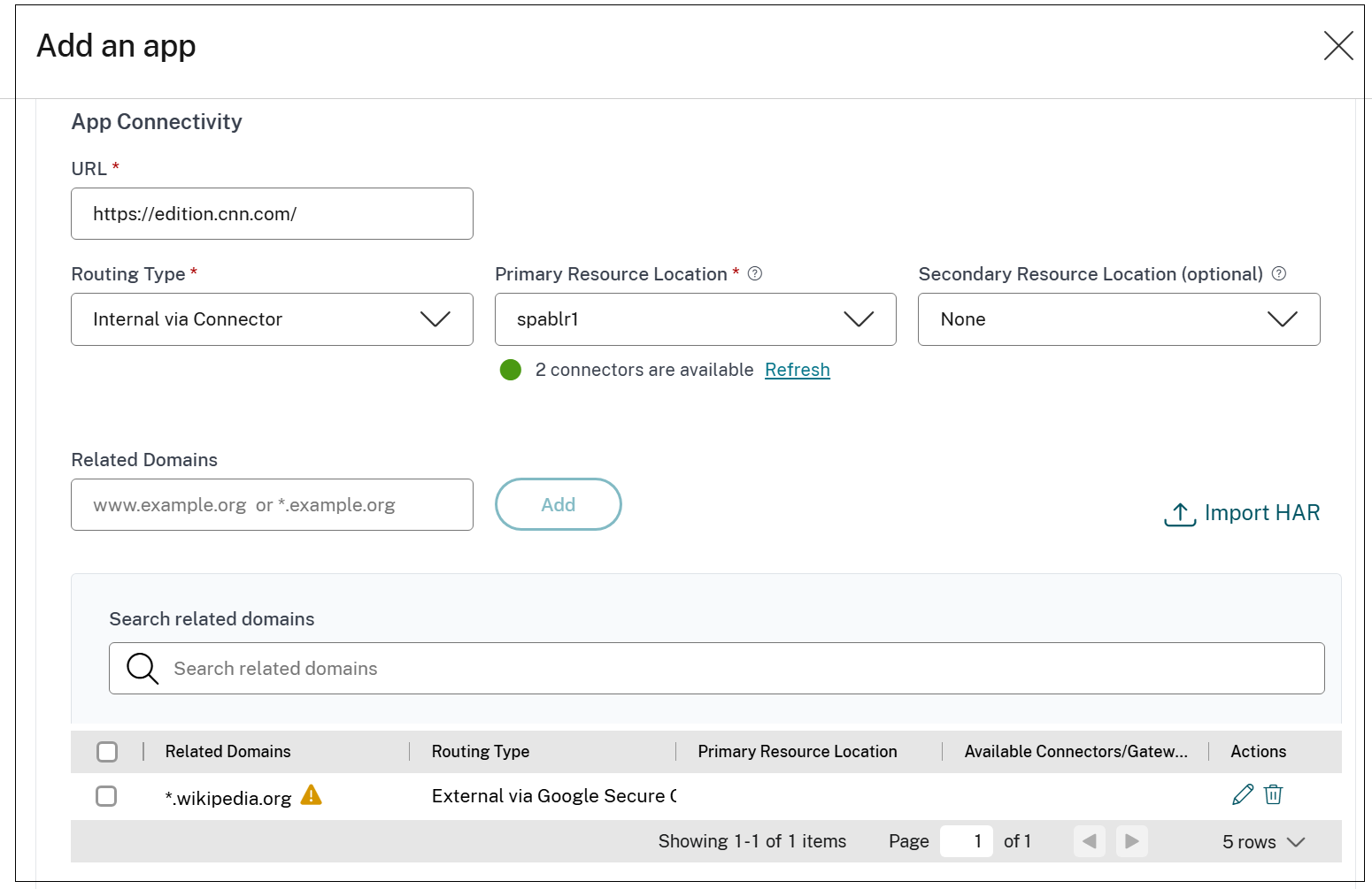 Import HAR option in the App Connectivity section