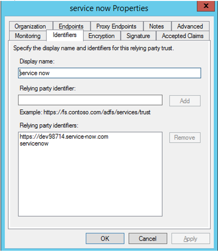 Sample relaying party identifier ID